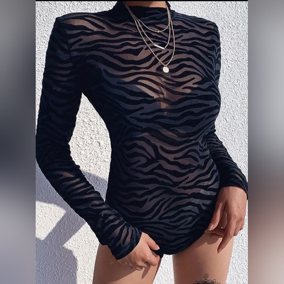 Black Sheer Mesh Long Sleeve Bodysuit - Picture 1 of 4